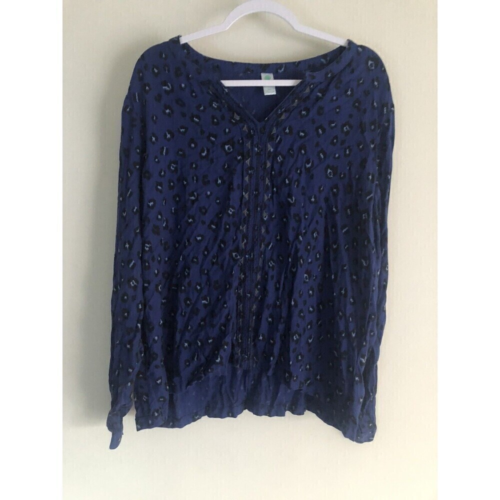 Aventura Womens Plus XXL Animal Print Top Embroidered Long Sleeved Royal Blue